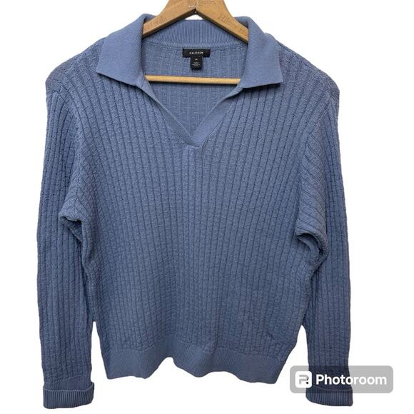 Halogen Women’s Dusty Blue Collared Sweater Long Sleeve V-Neck Cotton Medium - Picture 2 of 10